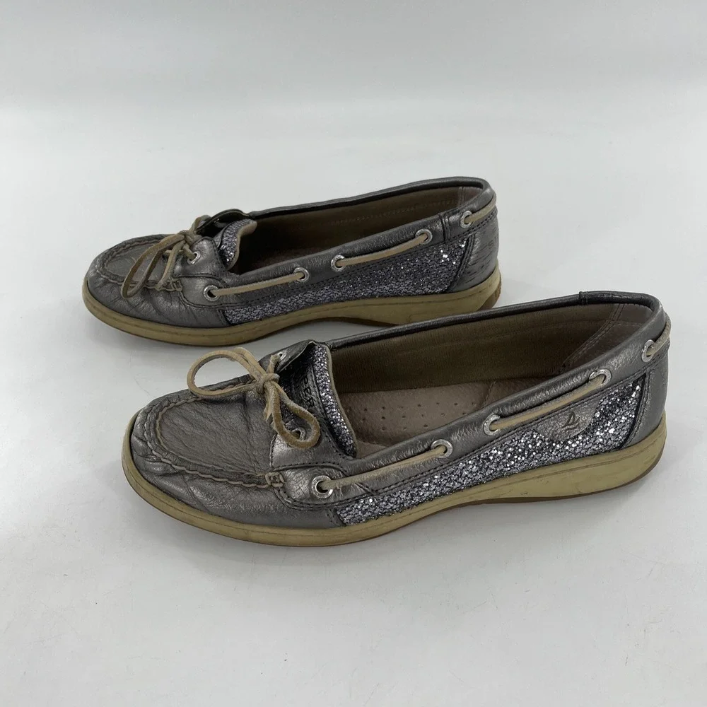 Sperry Angelfish Top-Sider Women 9 Silver Leather Shimmer Boat Shoe Preppy Deck‎